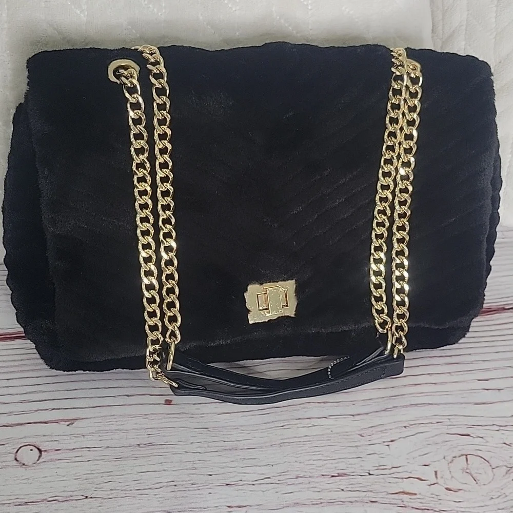 International Concepts INC Elegant Black Faux Fur Chain Shoulder Bag
